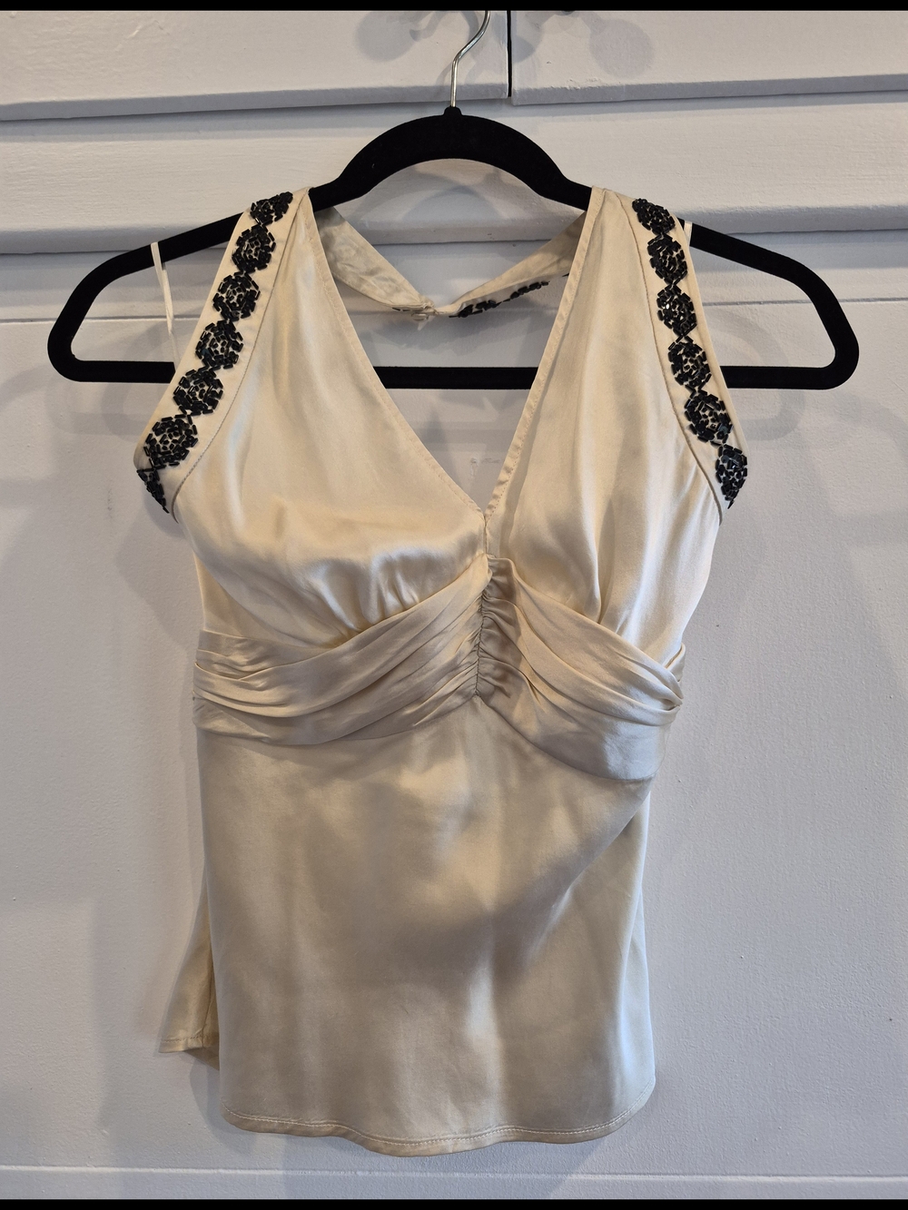Vintage Cream Satin V-Neck Embellished Tank